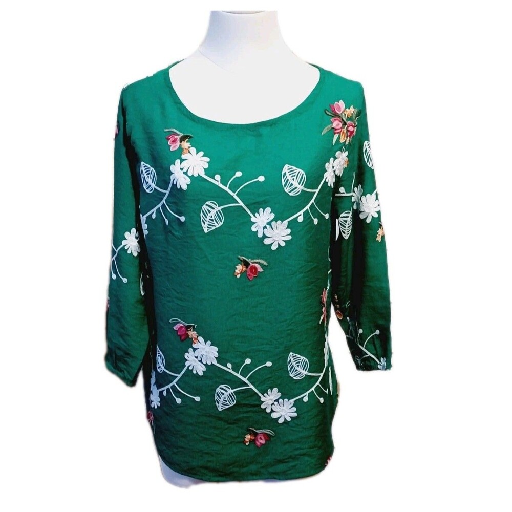 Ana Rose Women's Bohemian Green Embroidered Blouse Size Medium